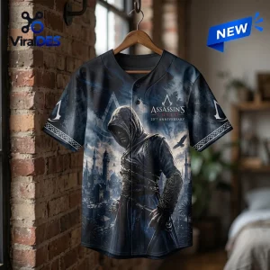 Front view of an Assassin’s Creed 20th Anniversary Baseball Jersey with hooded character graphic.