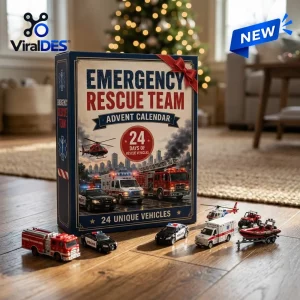 Front view of Emergency Rescue Team Advent Calendar 2026 box with toy vehicles displayed on a wooden floor.