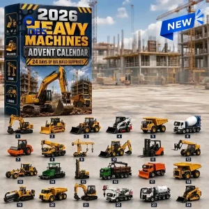 Front view of a Construction Vehicles Advent Calendar with twenty-four numbered toy trucks and machinery displayed.