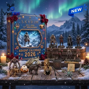 Front view of the Skyrim 15th Anniversary 2026 Advent Calendar box alongside miniature collectible figures on a wooden surface.
