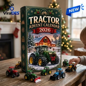 Front view of the Tractor Advent Calendar 2026 on a wooden table with toy tractors.