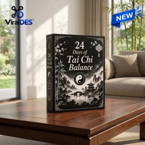Front view of the 24 Days Of Tai Chi Balance Advent Calendar on a wooden table.
