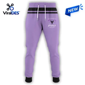 Front view of lavender sweatpants with a black waistband, white drawstrings, and a 2026 Finals Valkyries graphic.