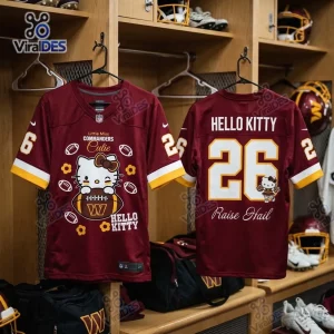Front and back views of a Washington Commanders Hello Kitty burgundy football jersey hanging in a locker room.