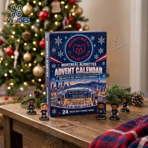 Front view of Montreal Alouettes CFL Advent Calendar with mini figures on a wooden table.