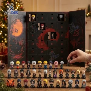 Open Naruto Advent Calendar 2026 with numbered drawers and small anime character figurines arranged in rows on a wooden table.