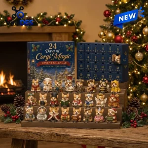 Front view of the British Corgis Advent Calendar 2026 with twenty-four figurine figures displayed on tiers.