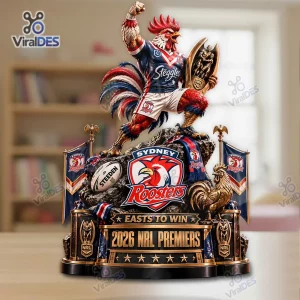 Front view of Sydney Roosters 2026 NRL Premiers figurine featuring a rooster mascot holding a trophy.