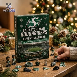 Front view of a green Saskatchewan Roughriders Advent Calendar displayed with mini figurines on a wooden table.