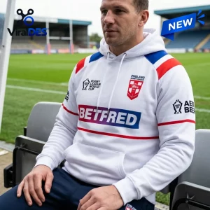 Man wearing an England Rugby World Cup 2026 White Hoodie seated outdoors.