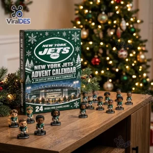 Front view of New York Jets NFL Advent Calendar with mini figurines on wooden table.