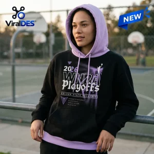 Front view of a person wearing a black hoodie with a purple hood and Golden State Valkyries 2026 WNBA Playoff graphic.