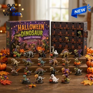 Front view of a Halloween Dinosaur Advent Calendar with collectible toy figurines displayed on steps.