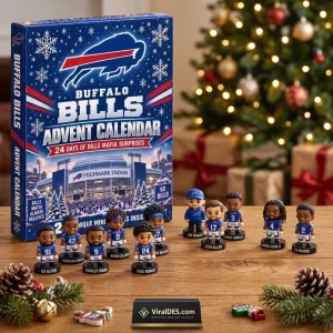 Front view of the Buffalo Bills NFL Football Advent Calendar 2026 with miniature figurines displayed.