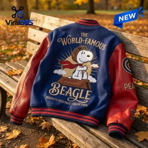 Back view of the Snoopy The World Famous Beagle Varsity Jacket on a wooden bench.