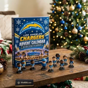 Front view of the Los Angeles Chargers 2026 Advent Calendar box displayed with small player figurines on a wooden table.