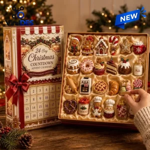 Front view of a 24-Day Christmas Bakery Collection Advent Calendar with open compartments revealing miniature bakery ornaments.