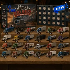 Front view of the American Big Rigs Die-Cast Advent Calendar 2026 box and twenty-four miniature trucks arranged on shelves.