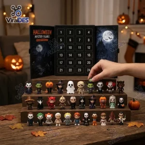 Front view of Horror Mystery Figures Advent Calendar with twenty-four numbered doors and miniature toy figures displayed.