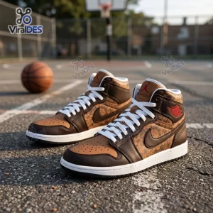 Side view of Brown Floral High Top Air Jordan Sneakers on an outdoor basketball court.