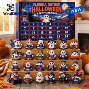 Front view of Florida Gators Halloween Advent Calendar with numbered box and figurines on wooden tiers.