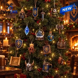 Front view of a decorated Christmas tree filled with various fantasy character and weapon hanging ornaments.