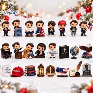 Front view of various miniature figurines and accessories from the Charlie Kirk Memorial Advent Calendar 2026.