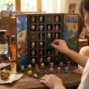 Person opening a numbered window on a One Piece Advent Calendar 2026 filled with small character figurines.