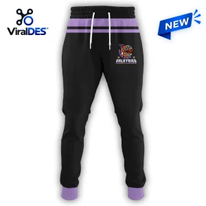 Front view of black sweatpants with purple accents and Golden State Valkyries 2026 WNBA Finals graphic.