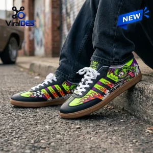 Side view of Rat Fink Hot Rod Black Samba Shoes worn outdoors on pavement.