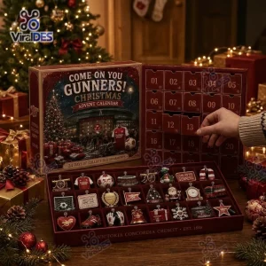 Front view of Arsenal Christmas Advent Calendar 2026 open to reveal numbered doors and collectible ornaments.