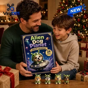 Father and son holding the Alien Dog Planet Advent Calendar near a Christmas tree.