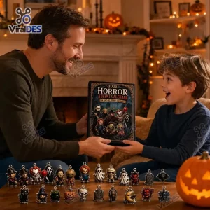 Father and son holding the Horror Movie Advent Calendar 2026 indoors.