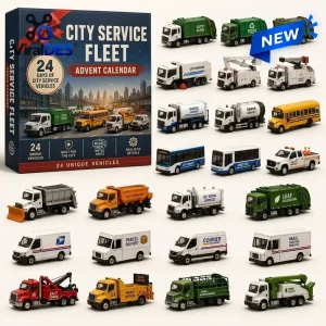 Front view of City Service Fleet Advent Calendar 2026 packaging with twenty four toy vehicles.