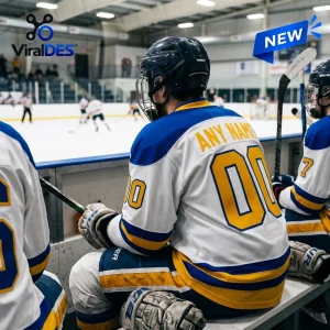 Rear view of a hockey player sitting on a bench wearing a PWHL San Jose 2026 Away Custom Hockey Jersey with 'ANY NAME' and '00'.