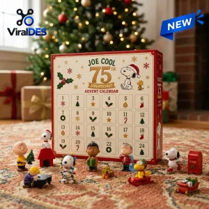 Front view of Peanuts Joe Cool 75th Anniversary Christmas Advent Calendar with character figures on carpet.