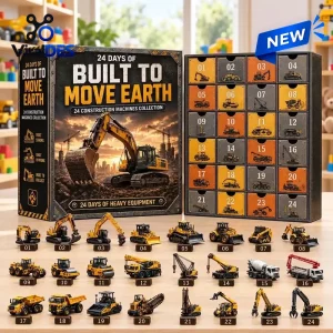 Front view of Built To Move Earth Construction Advent Calendar with twenty four numbered compartments and mini vehicles.