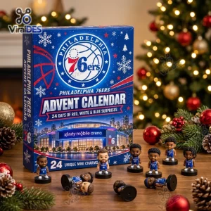 Front view of Philadelphia 76ers Basketball Advent Calendar 2026 with mini figurines in front.