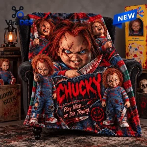 Front view of Chucky Scarred Doll Fleece Blanket draped over a dark armchair with horror theme graphics.
