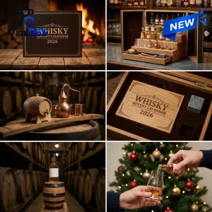 Collage of six photos showing the Whisky 2026 Collectors Edition Advent Calendar and tasting accessories.