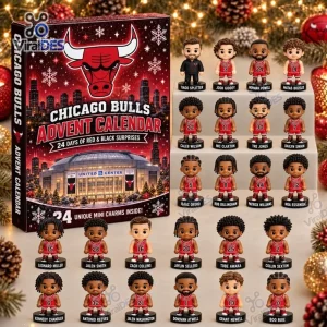 Front view of the Chicago Bulls Mini Figurine Advent Calendar box and twenty-two player figurines.