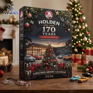 Angled view of the Holden 170th Anniversary 2026 Advent Calendar featuring classic cars and holiday decorations.