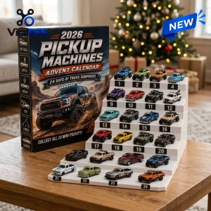Pickup Machines Advent Calendar box next to a white tiered display holding 24 numbered toy trucks.