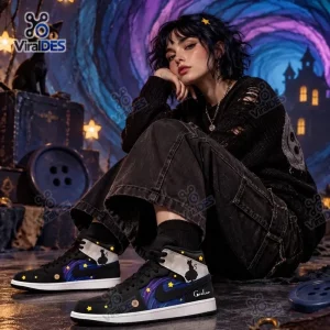 Lifestyle view of Coraline Black Cat Starry Night Air Jordan 1 Sneakers worn by a model in a fantasy setting.