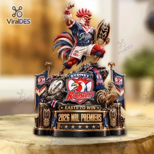 Front view of the Sydney Roosters 2026 NRL Premiers Figurine featuring a rooster mascot with a trophy.