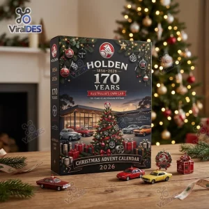 Front view of Holden 170th Anniversary 2026 Advent Calendar box with miniature toy cars on a wooden table.