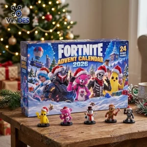 Front view of Fortnite Advent Calendar 2026 packaging with five figurines placed on a wooden table.