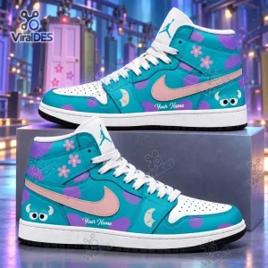 Side view of teal and purple spotted Blue Purple Monster Custom High Top Sneakers with pink swoosh.