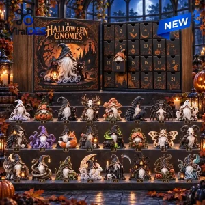 Front view of The Halloween Gnomes Advent Calendar box open with 24 numbered drawers and twenty-four figurines displayed.