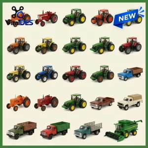 Collection of various toy farm vehicles including tractors and trucks featured in the Farm Life Vehicles Advent Calendar 2026.
